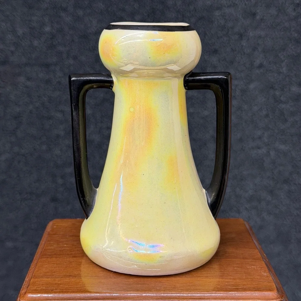 Antique Czechoslovakia Art Deco Iridescent Double Handle Pottery Cabinet Vase 5
